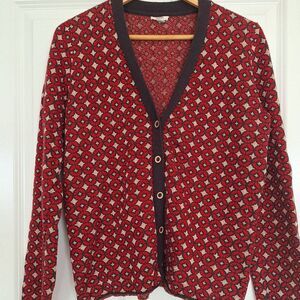 Fossil Red Patterned Button-Front Cardigan with Black Trim